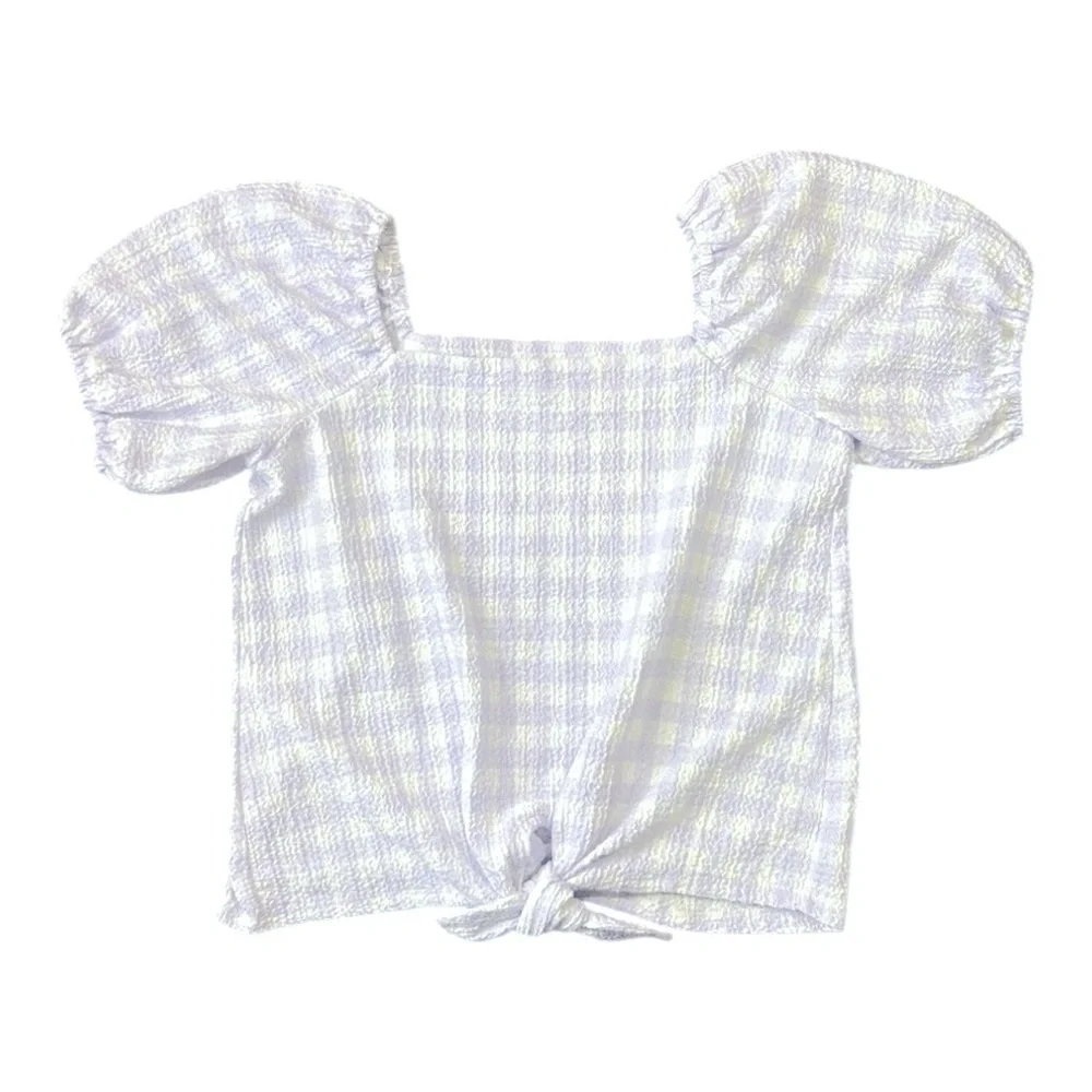 Loft Gingham Square Neck Tie Front Puff Sleeve Lilac White Top XS
